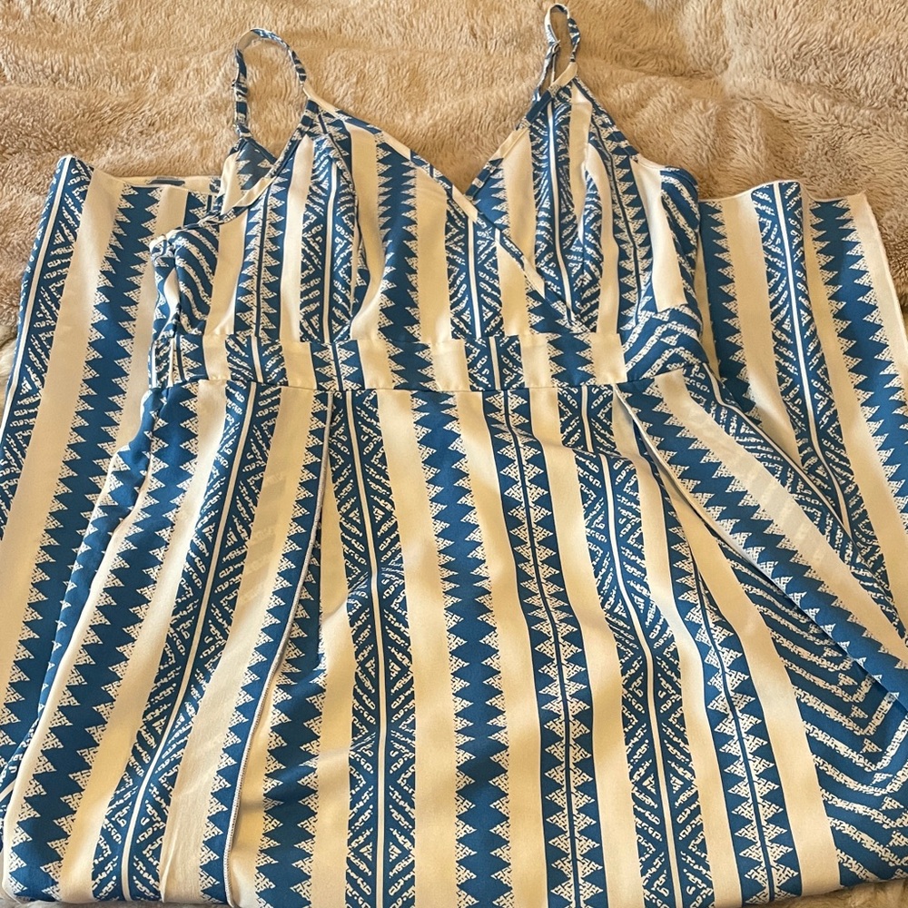 Blue and White Striped Tribal Maxi Dress